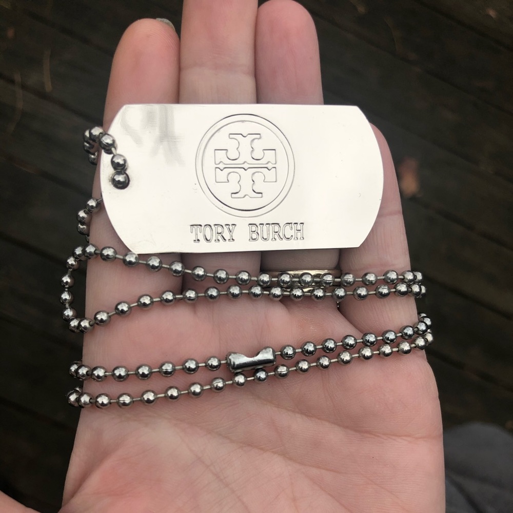 TORY BURCH Silver Dog Tag Necklace 15.5”